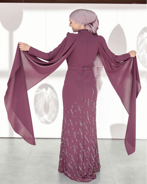 Şallı Degaje Yaka Tesettür Abiye - FioraofDress - tesettur - abiye - 44 - Mürdüm - hijab - evening - dress