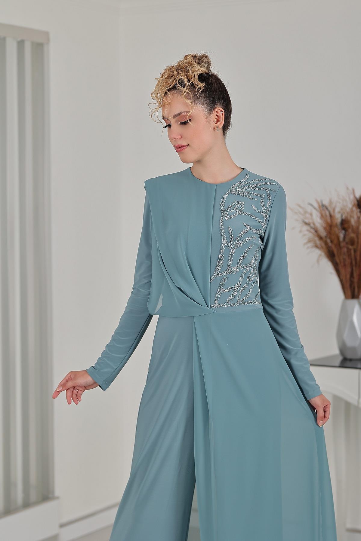 Taş Detay Şifon Zeren Tesettür Tulum Mint - FioraofDress - tesettur - abiye - 48 - hijab - evening - dress