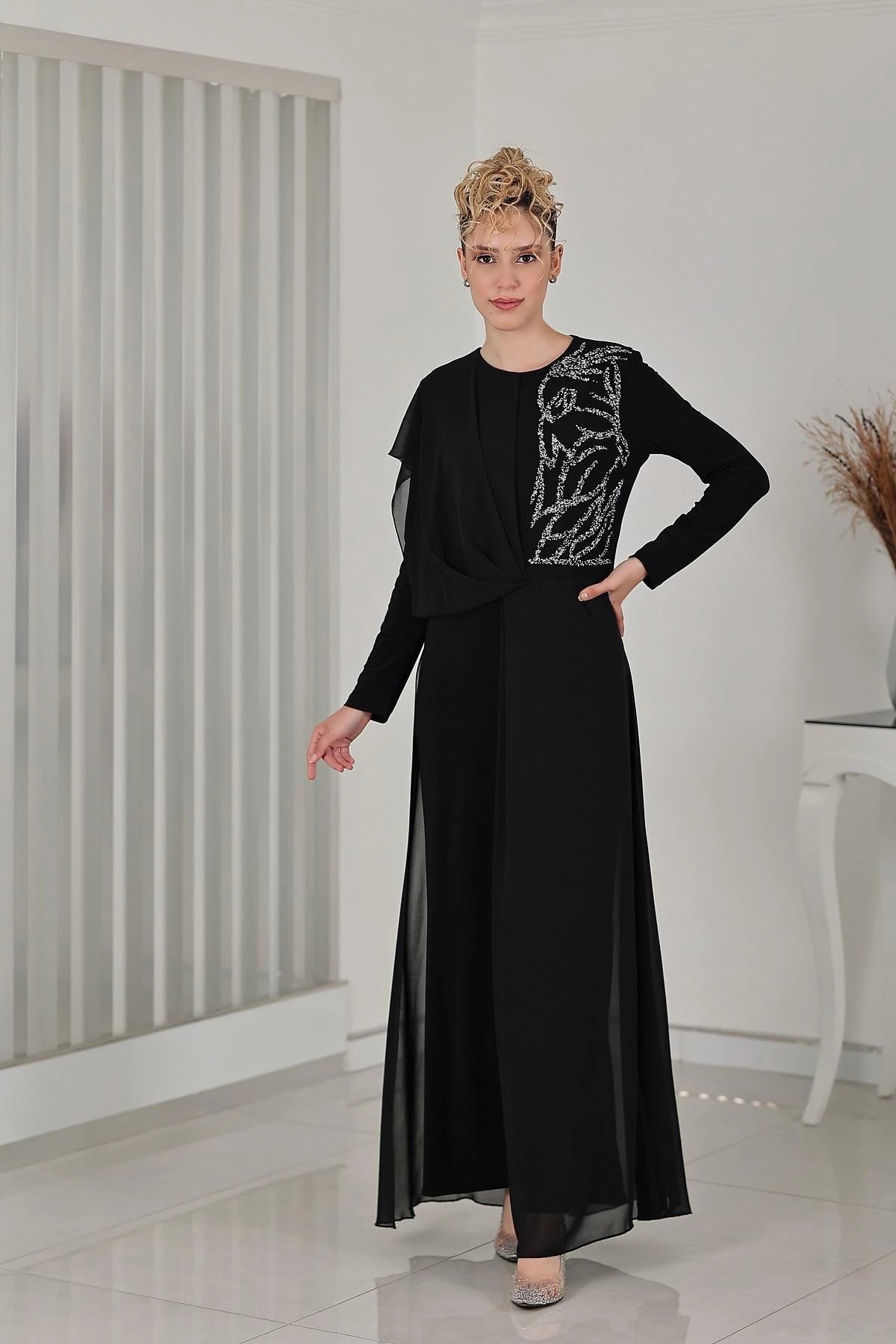 Taş Detay Şifon Zeren Tesettür Tulum Siyah - FioraofDress - tesettur - abiye - 48 - hijab - evening - dress