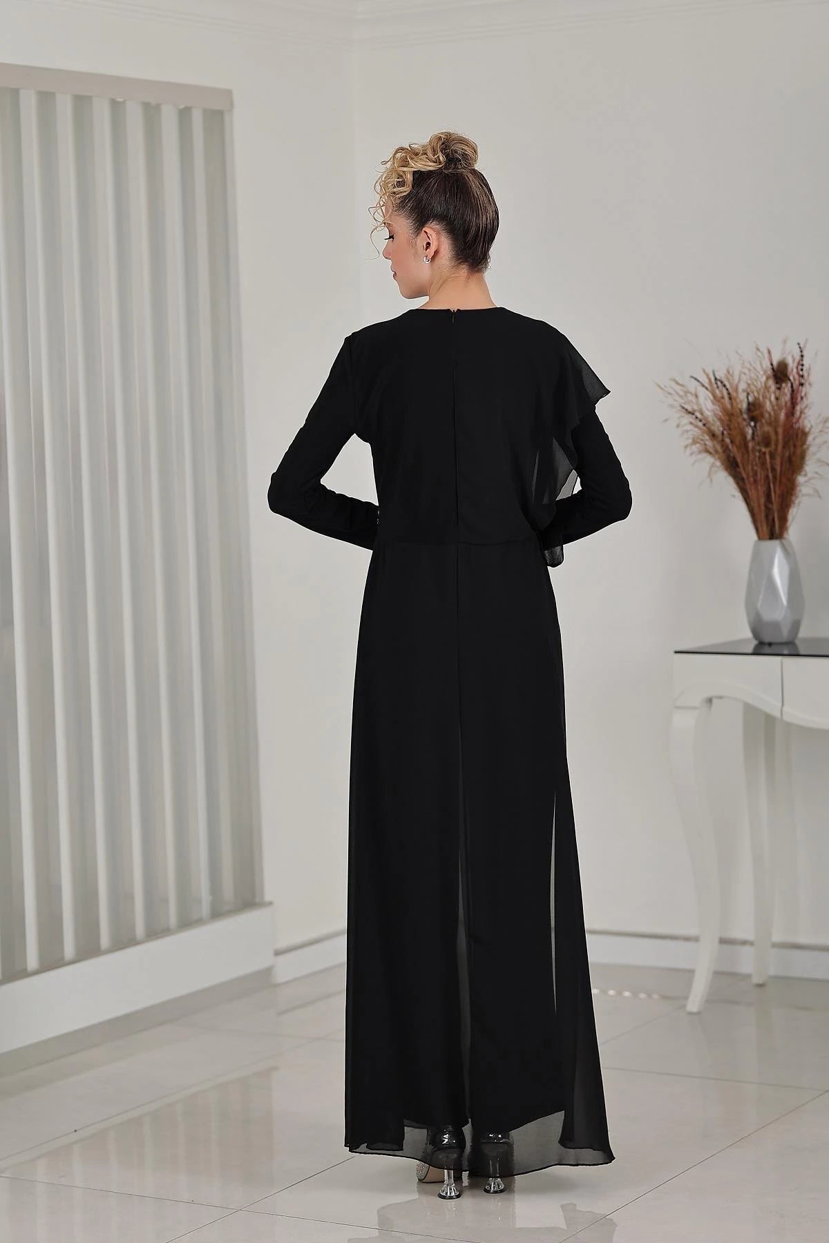 Taş Detay Şifon Zeren Tesettür Tulum Siyah - FioraofDress - tesettur - abiye - 48 - hijab - evening - dress