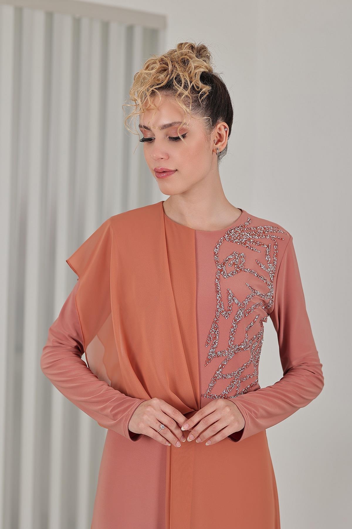 Taş Detay Şifon Zeren Tesettür Tulum Soğan Kabuğu - FioraofDress - tesettur - abiye - 48 - hijab - evening - dress