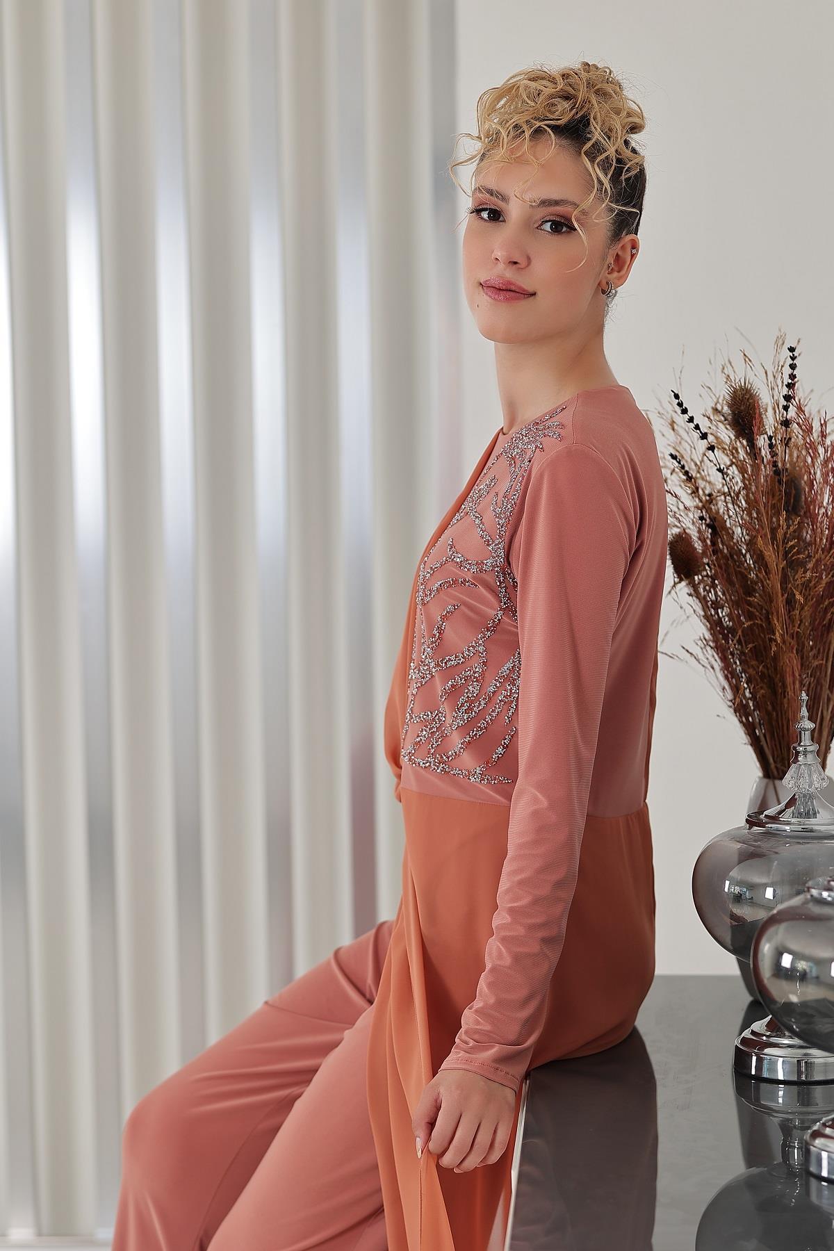 Taş Detay Şifon Zeren Tesettür Tulum Soğan Kabuğu - FioraofDress - tesettur - abiye - 48 - hijab - evening - dress